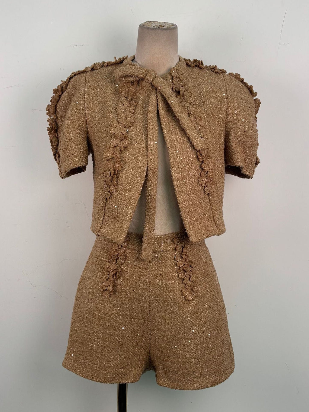 Elva Brown Flower Embellished Tweed Cardigan Shorts Set Avalabel