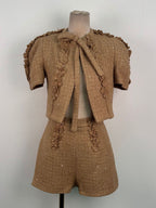 Elva Brown Flower Embellished Tweed Cardigan Shorts Set Avalabel