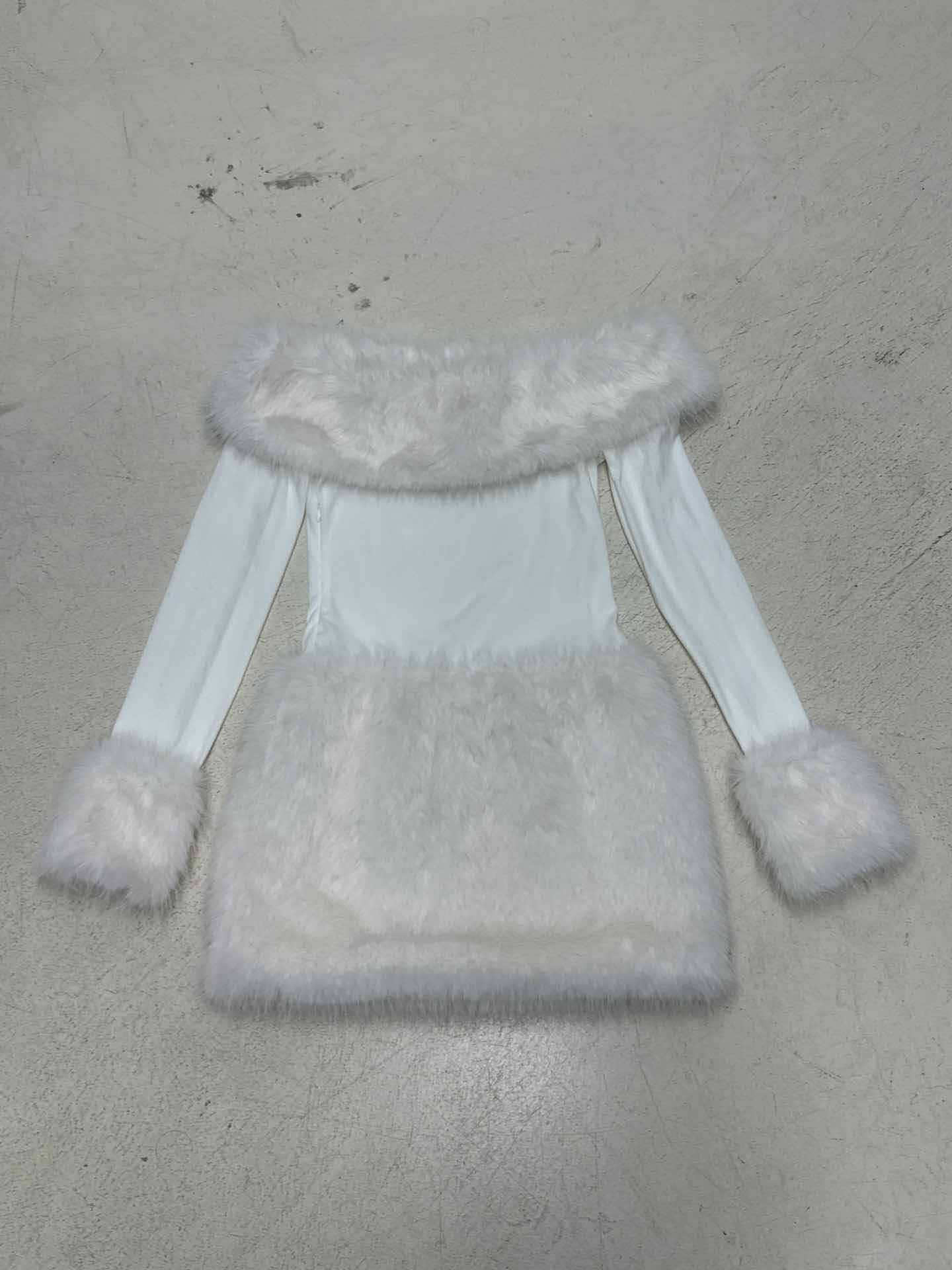 White Strapless faux fur slim mini dress