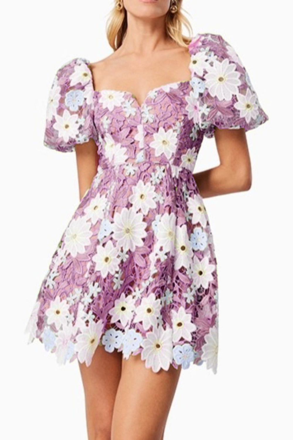 Winifred Hollow Hook Lace Mini Dress in Purple Avalabel