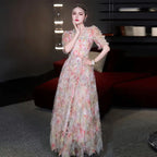jodie v neck multicolor ruffle trim tulle maxi dress Avalabel