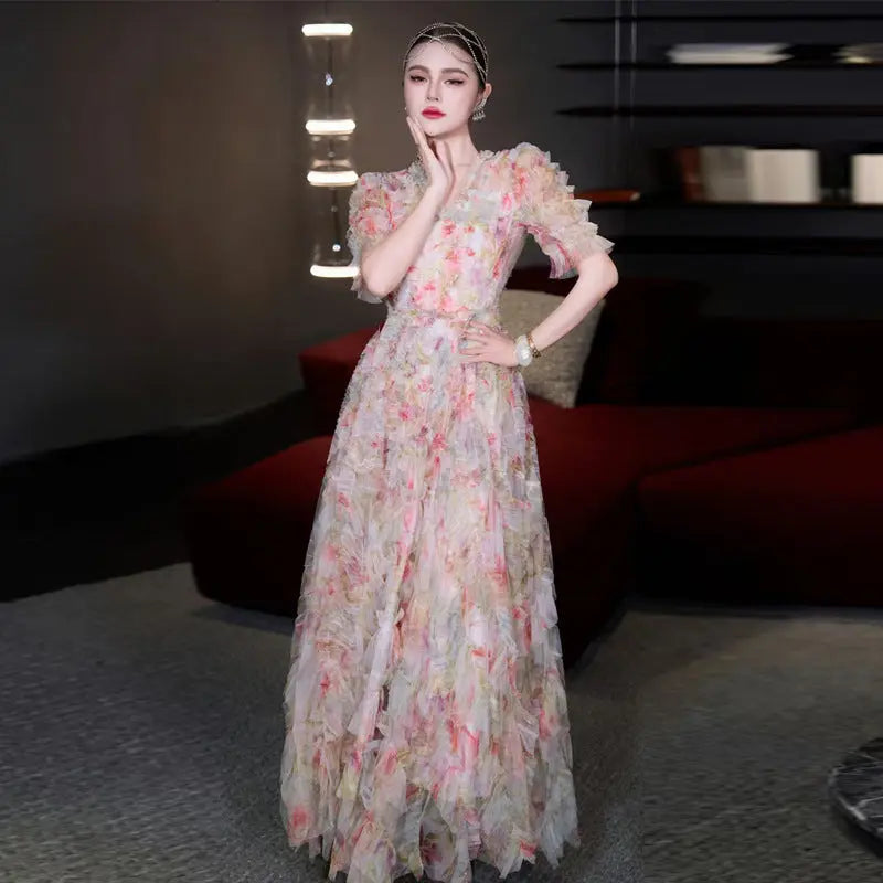 jodie v neck multicolor ruffle trim tulle maxi dress Avalabel
