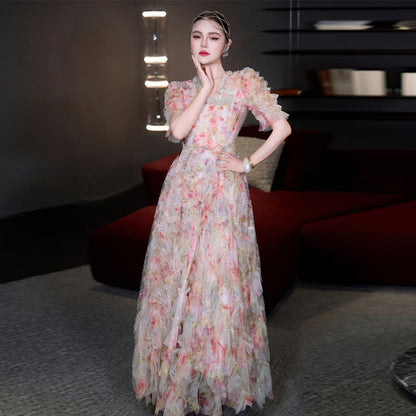 jodie v neck multicolor ruffle trim tulle maxi dress