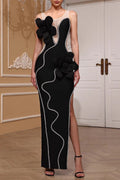 Diamond 3D Flower Sequin Bandage Maxi Dress in Black Avalabel