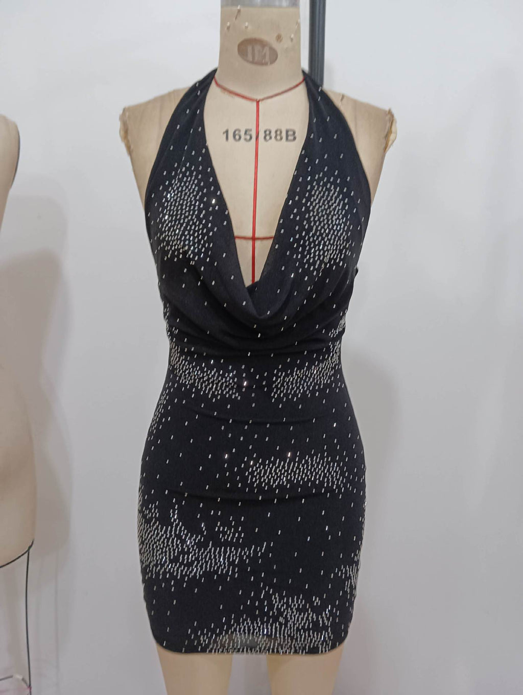 alison halter v-neck sequin bodycon mini dress in black Avalabel