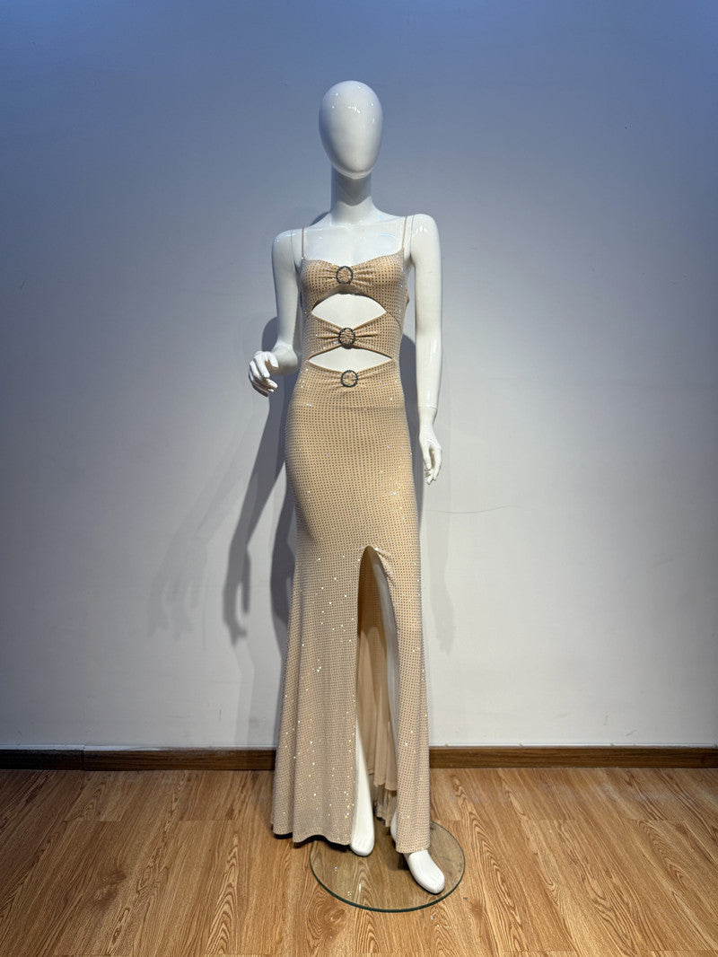 Rhinestones High Slit Cutout Bodycon Maxi Dress in Apricot Avalabel