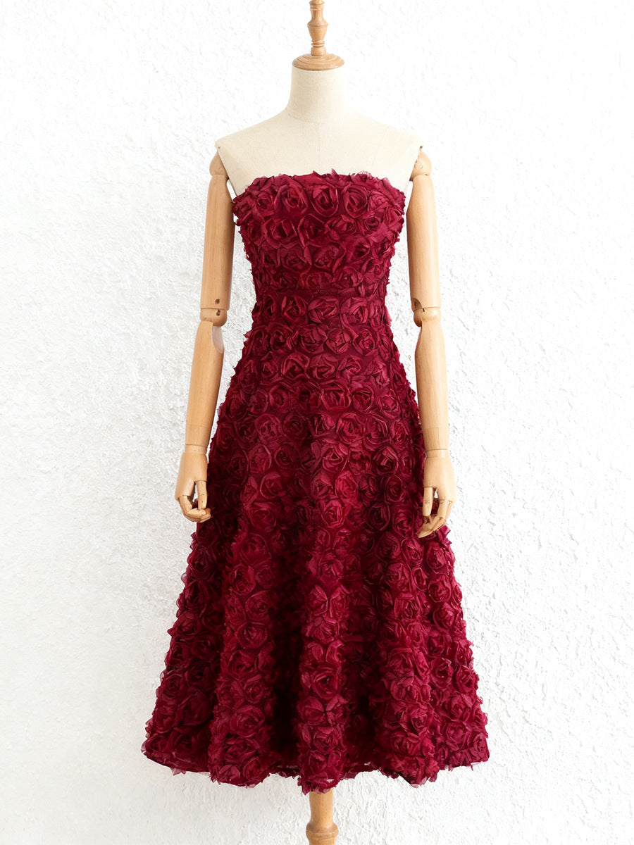 mona 3D Rose Petal Strapless Mesh Maxi Dress in wine red Avalabel