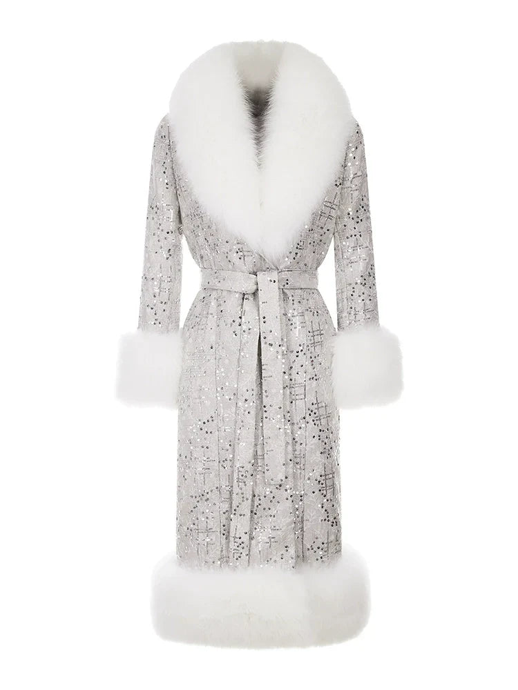 Sliver Tie Long Sleeve Long Fur Autumn Coat
