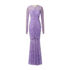penny lace  hollow ruched bodycon long sleeve maxi dress in purple Avalabel