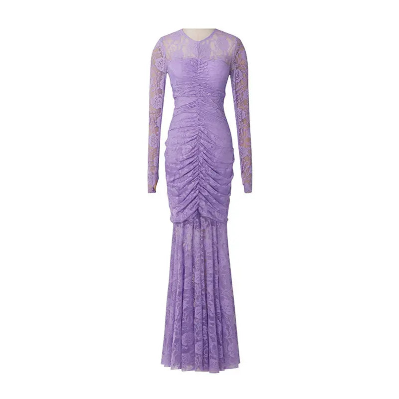 penny lace  hollow ruched bodycon long sleeve maxi dress in purple Avalabel