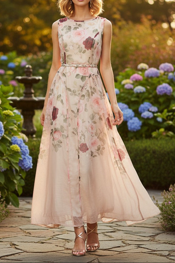 Sleeveless Rose Print Mesh Maxi Dress Avalabel