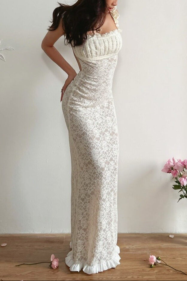 Georgia Lace Bodycon Slip Maxi Dress in White Avalabel