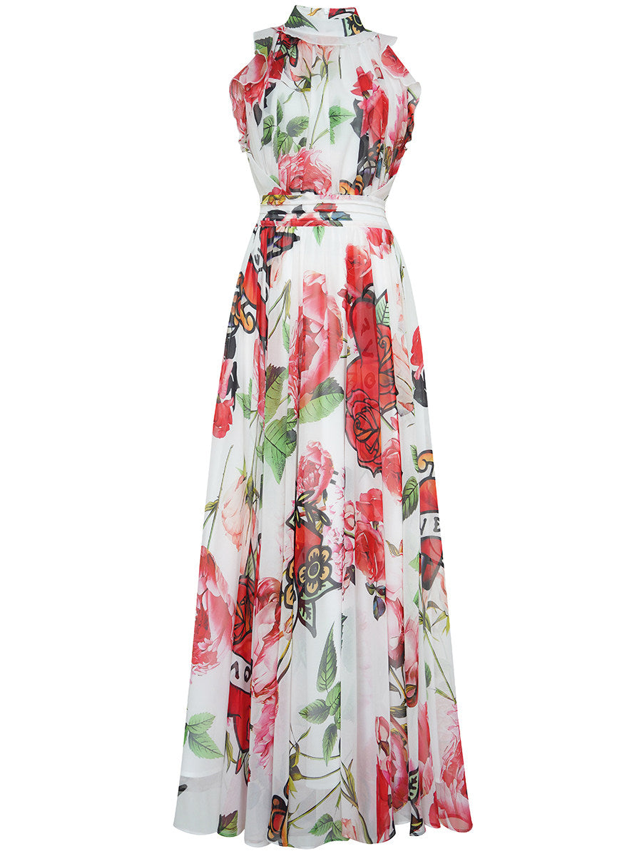 Floral Printed Sleeveless Flowing Large Swing Dress Avalabel