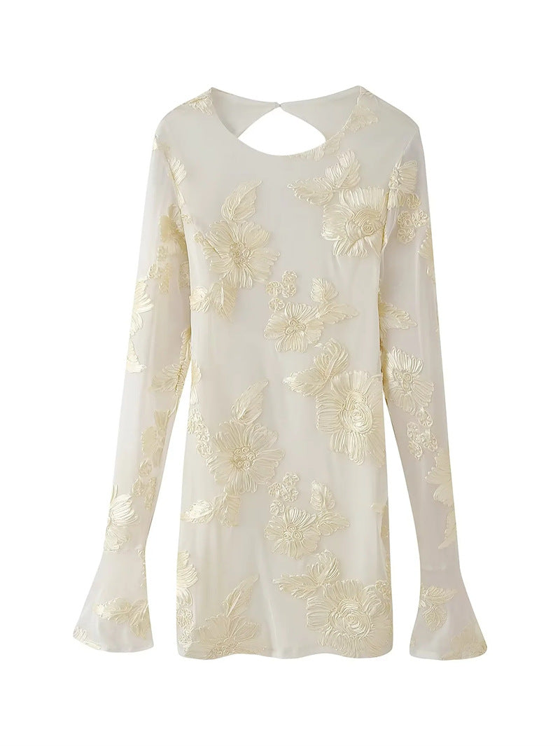 Nefertiti Yellow Backless Floral Flared Sleeve Slim Fit Mini Dress Avalabel