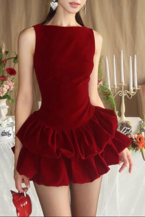 candance Sleeveless puffy velvet mini dress in red Avalabel