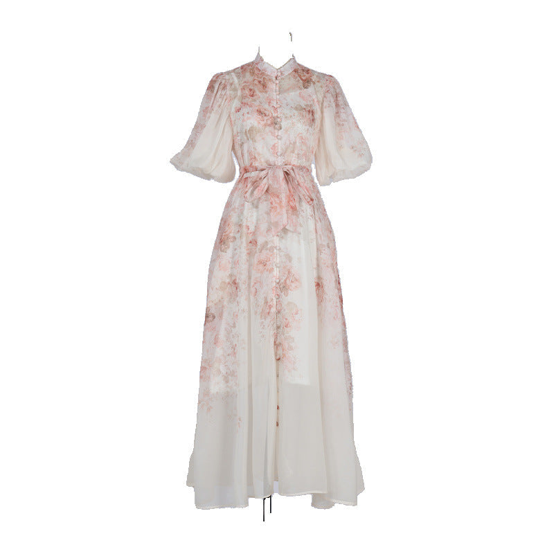 Pink Floral Print Mandarin Collar Chiffon Maxi Dress Avalabel