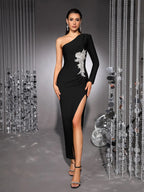 elsa one shoulder rhinestone appliqué bandage midi dress in black Avalabel