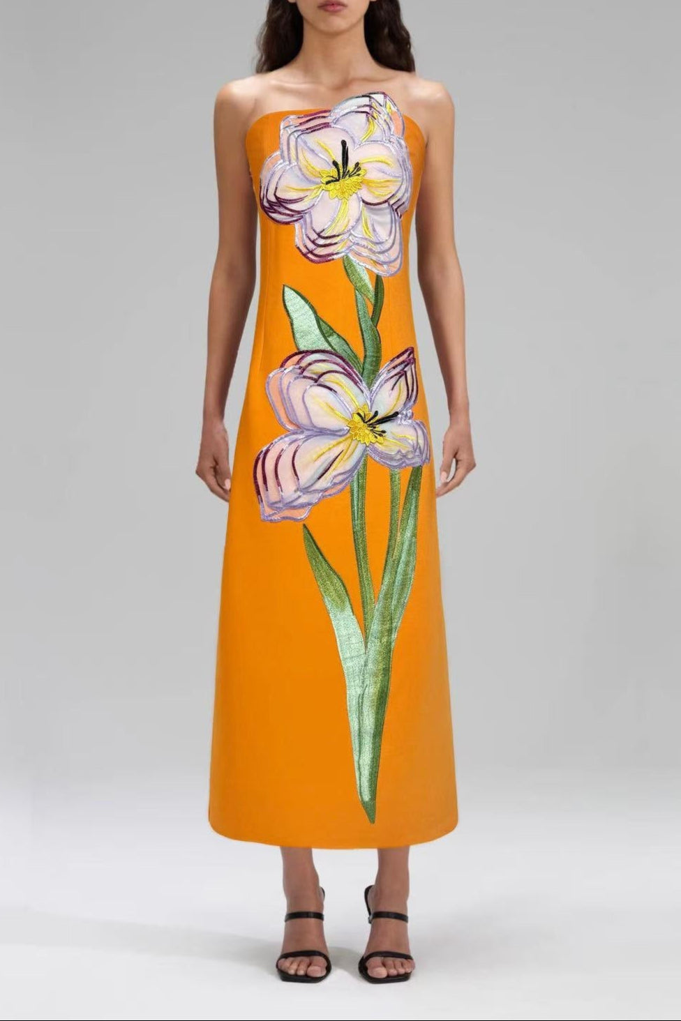 Suzanne Appliqué Floral Bustier Maxi Dress in Orange Avalabel