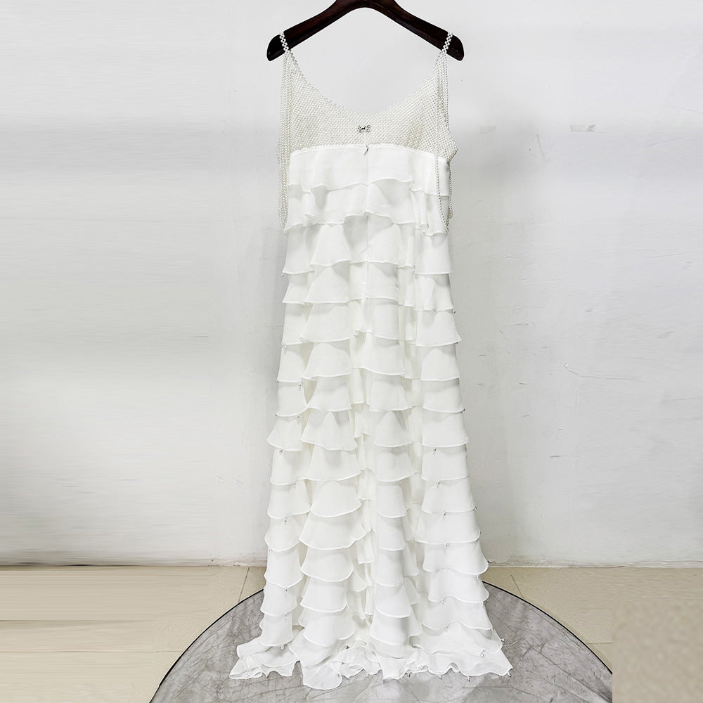 White Nail Bead Layered Lotus Leaf Slit Maxi Dress Avalabel
