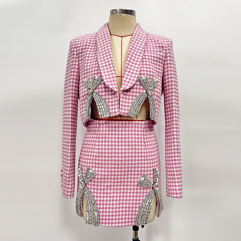 helen Embellished checked wool-blend blazer set in pink Avalabel