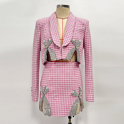 helen Embellished checked wool-blend blazer set in pink