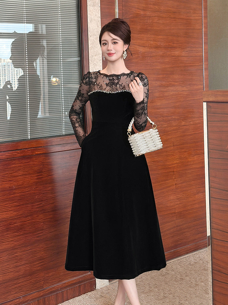 Tiffany Lace Hollow Sleeve Rhinestone Velvet Maxi Dress in Black