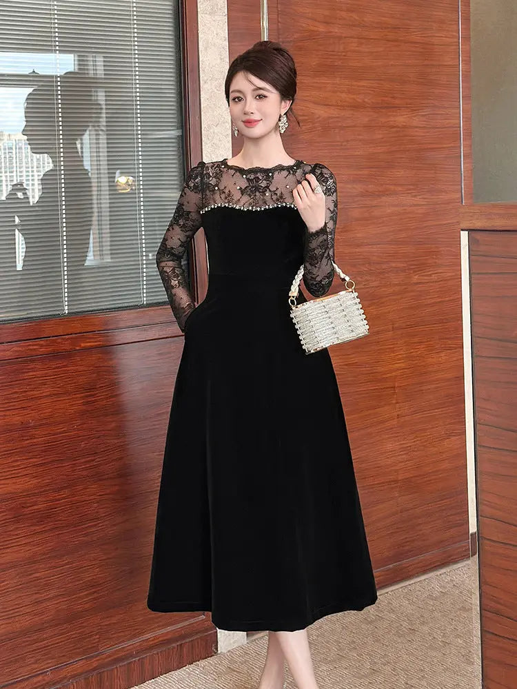 Tiffany Lace Hollow Sleeve Rhinestone Velvet Maxi Dress in Black Avalabel