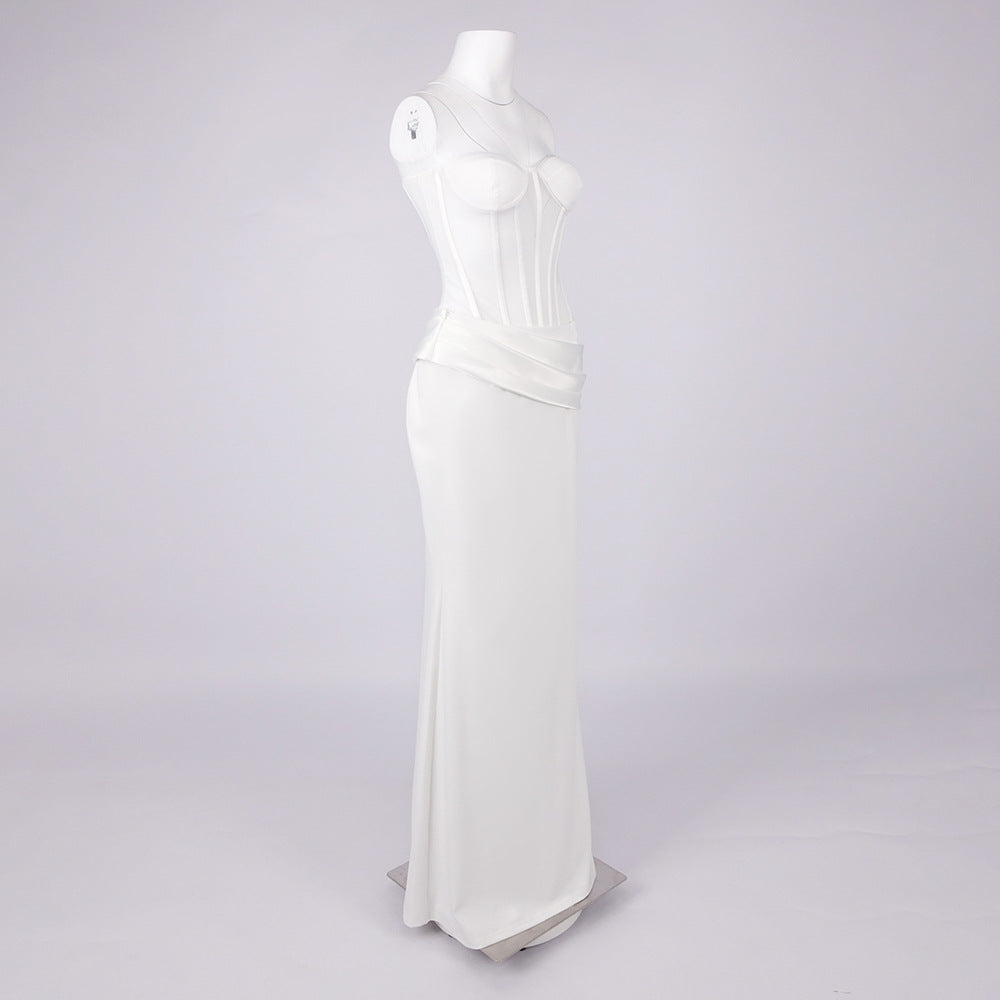 priscilla Strapless Veiled Corset Maxi Dress in white Avalabel