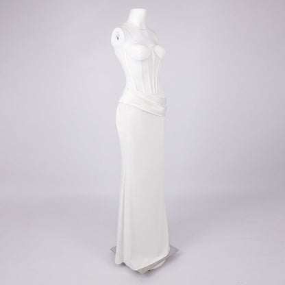 priscilla Strapless Veiled Corset Maxi Dress in white
