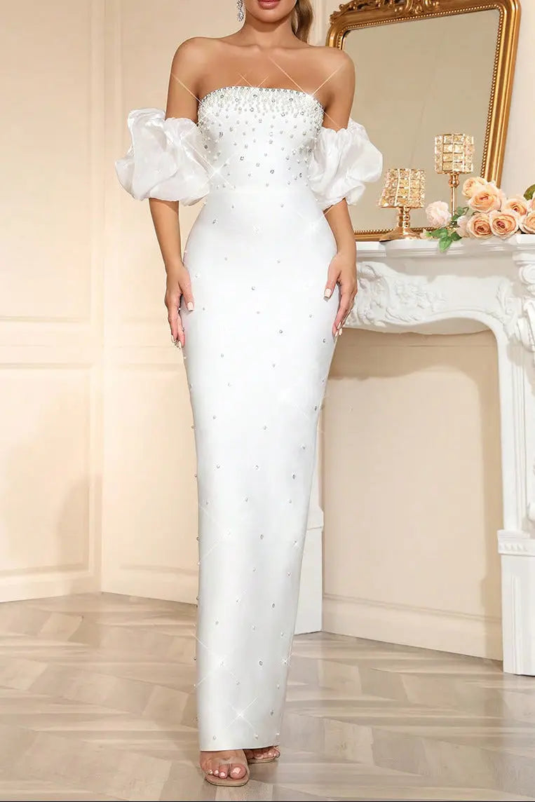 nancy Rhinestone beading strapless maxi dress in white Avalabel