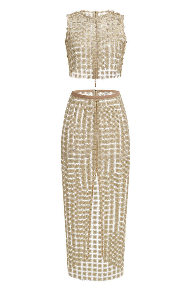 Apricot Sheer Plaid Fishtail Maxi Skirt Two Piece of Set