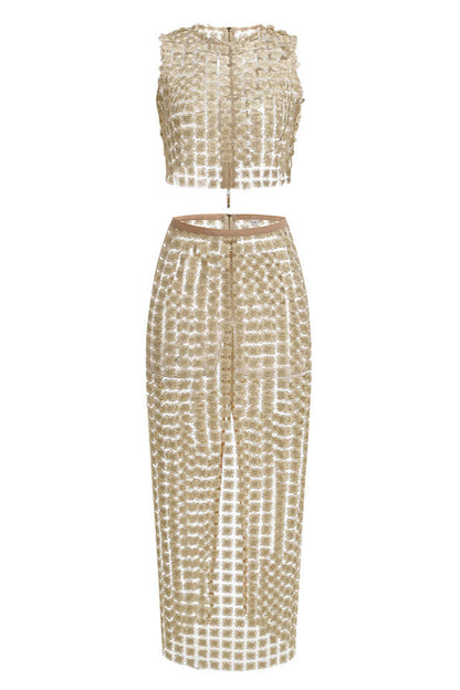 Apricot Sheer Plaid Fishtail Maxi Skirt Two Piece of Set