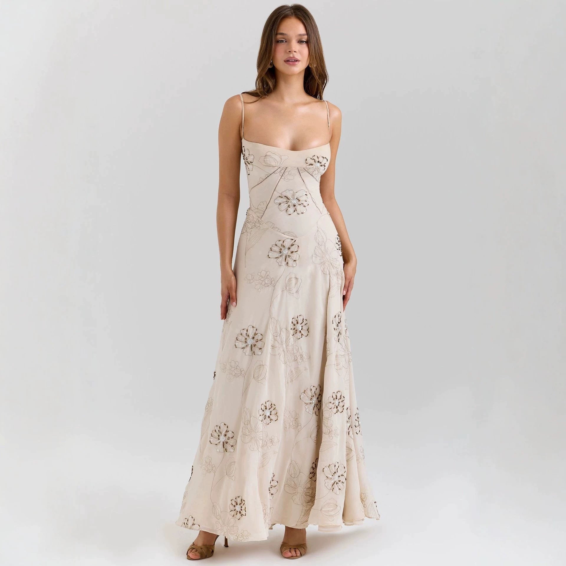 Vintage Embroidered Hollow Slip Maxi Dress - White Avalabel