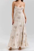 Beige Floral Beaded Spaghetti Strap Maxi Dress Avalabel
