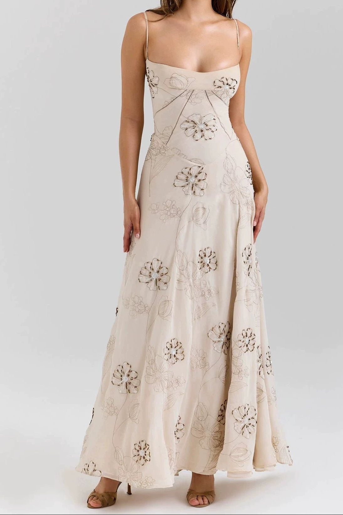 Beige Floral Beaded Spaghetti Strap Maxi Dress Avalabel