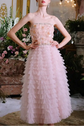 Pink Princess layer ruffle midi floral Embroidery strapless Dress Avalabel