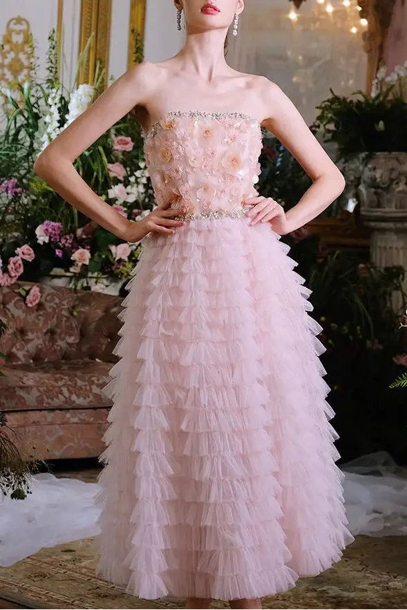 Pink Princess layer ruffle midi floral Embroidery strapless Dress Avalabel