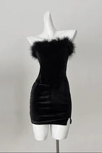 samantha feather velvet strapless mini dress in black Avalabel