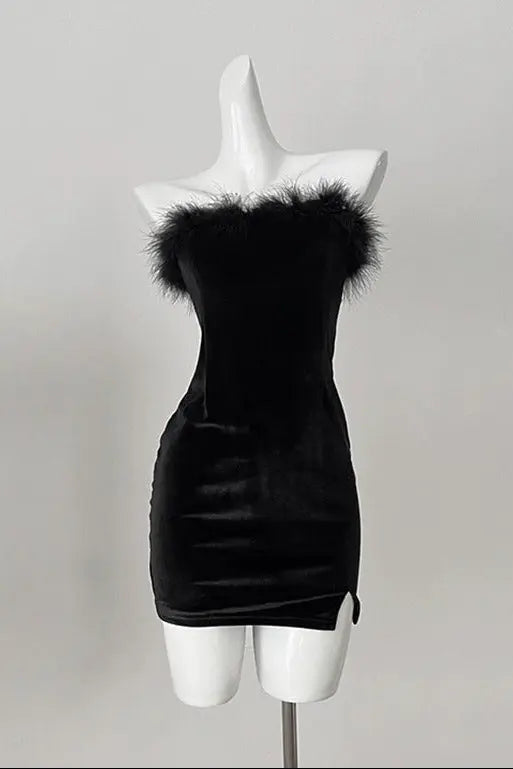 samantha feather velvet strapless mini dress in black Avalabel