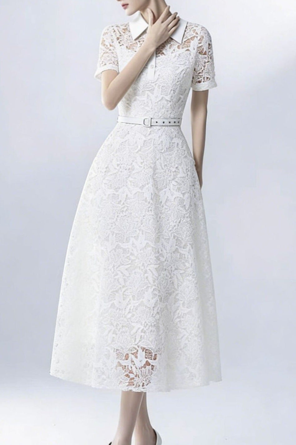 Lace Collared Belted Midi Dress Avalabel