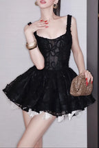 vera sequin embellishment lace puffy mini dress in black Avalabel