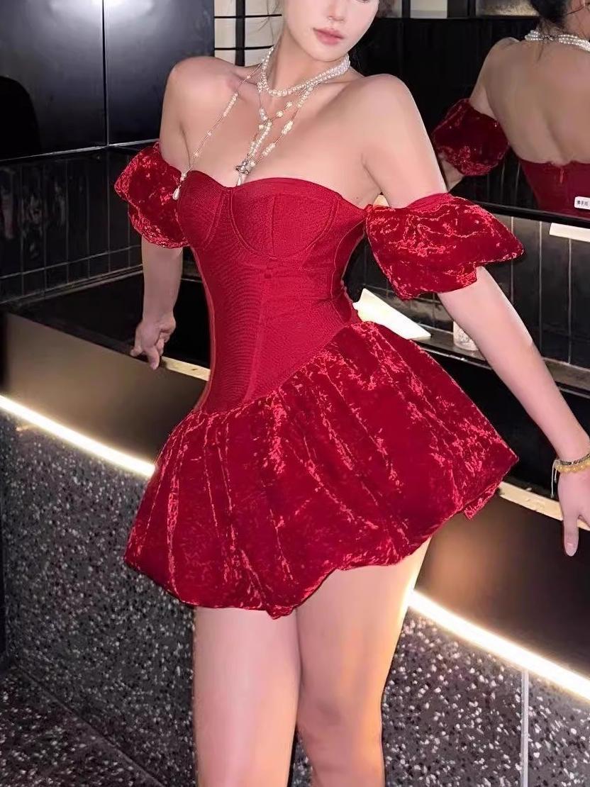 eunice Red Sheath Bubble Sleeve strapless Mini Dress Avalabel
