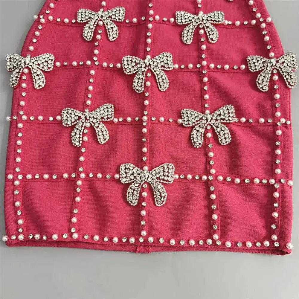 Virginia Bowknot Crystal Grid Bandage Mini Dress in Rose Red Avalabel
