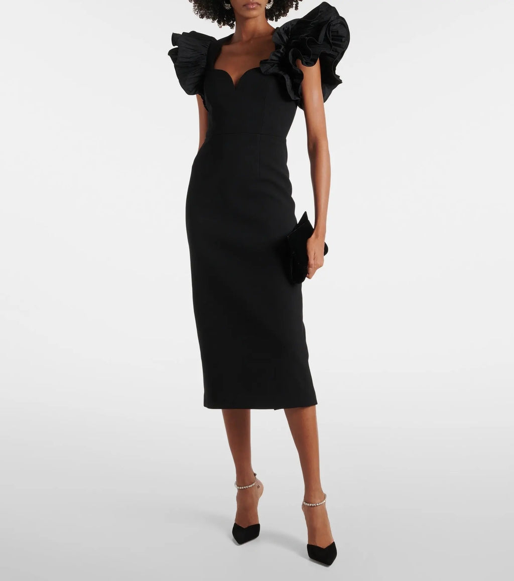 blanche ruffle crepe midi dress in black Avalabel