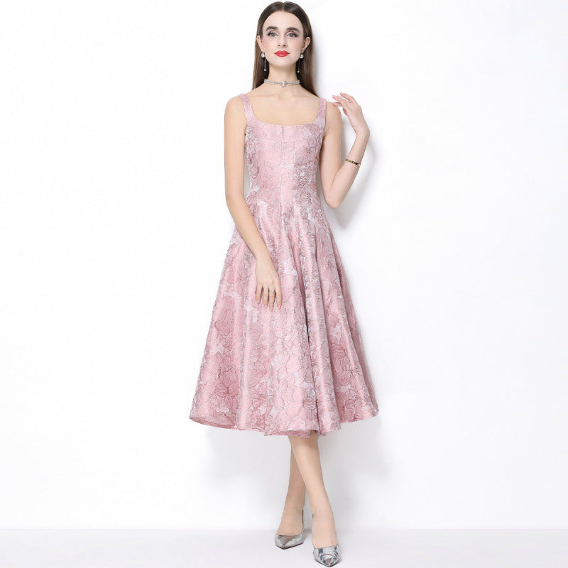 Beverly Vintage Jacquard Slip Midi Dress in Pink Avalabel