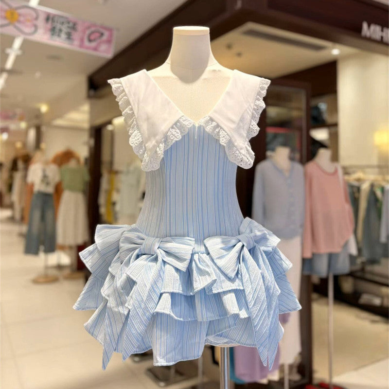 Nalaya Bow Stripe Puffy Mini Dress - Blue Avalabel