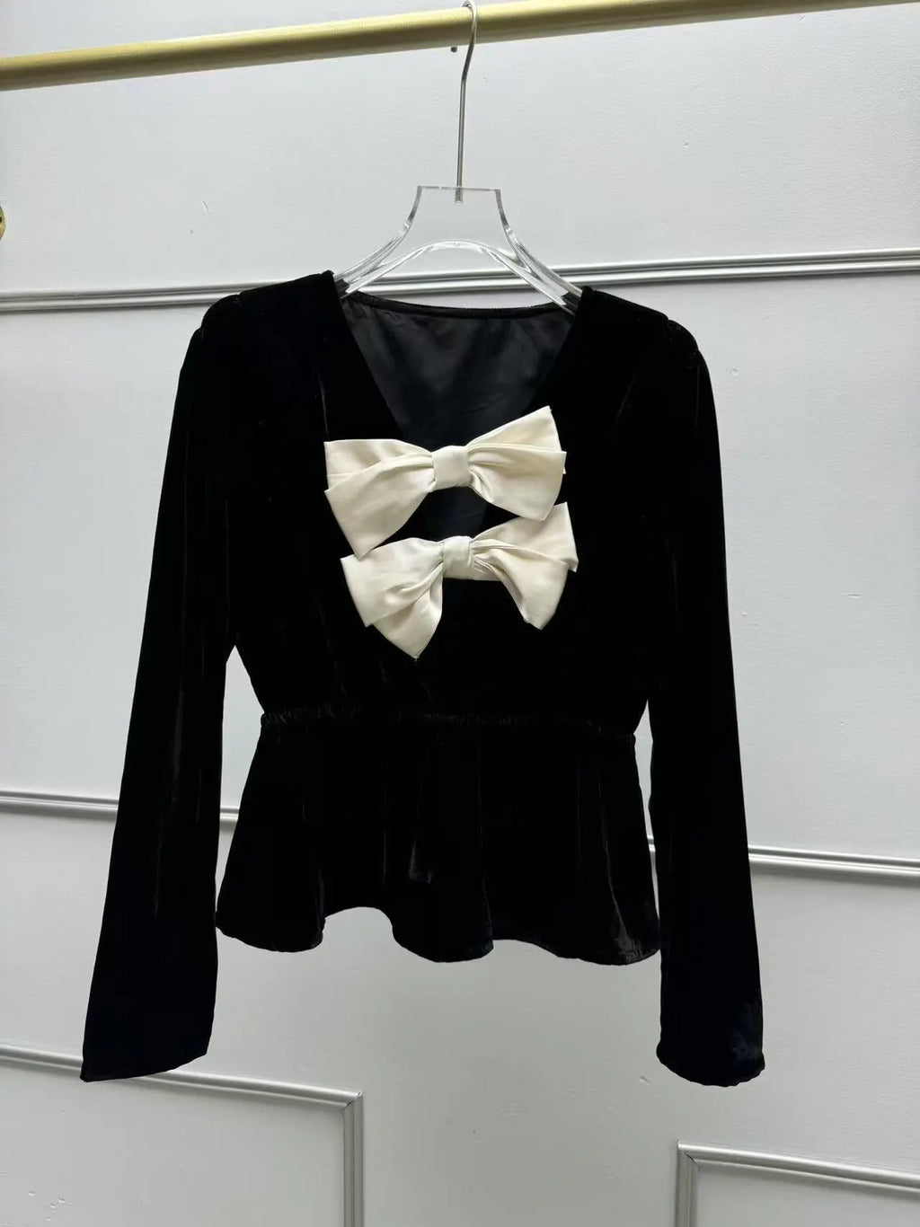 wallis black v-neck bow cutout velvet top Avalabel