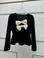 wallis black v-neck bow cutout velvet top Avalabel