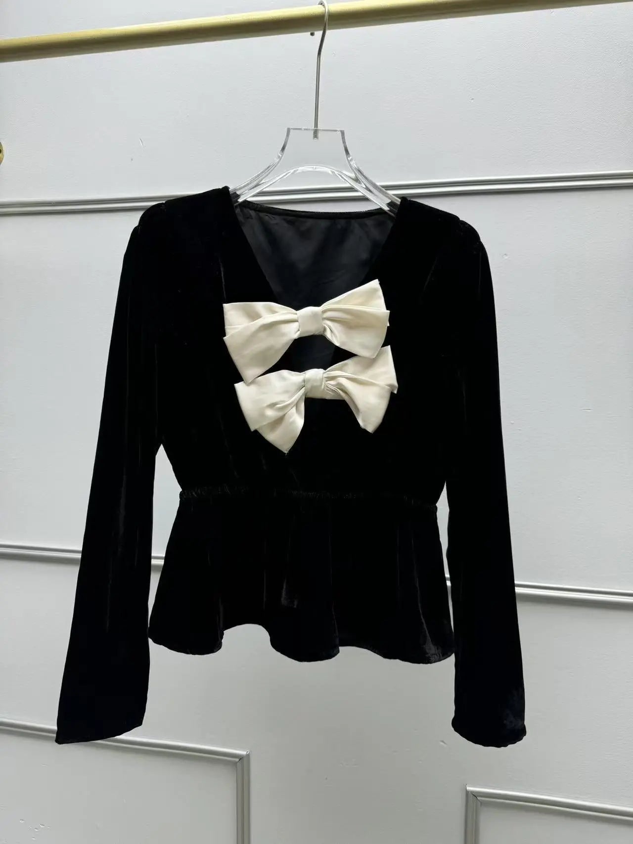 wallis black v-neck bow cutout velvet top Avalabel