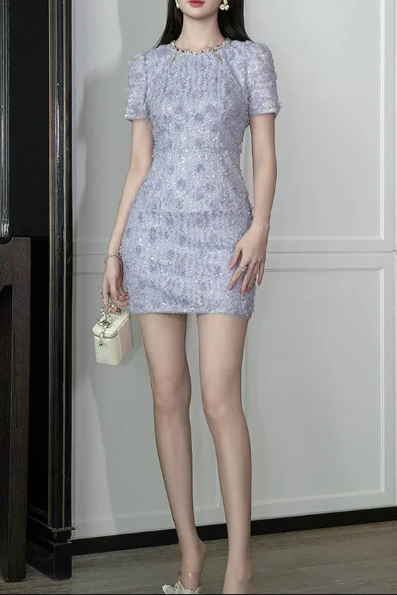 jacqueline rhinestone flower embroidery bodycon mini dress in purple Avalabel